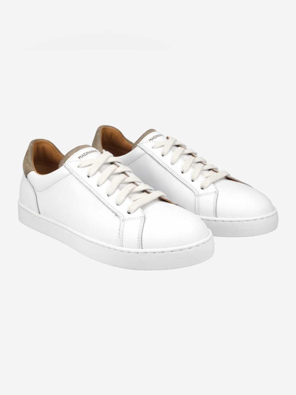 MAGNANNI White Leather Lace-Up Summer Sneakers with Tan Heel Accent $550